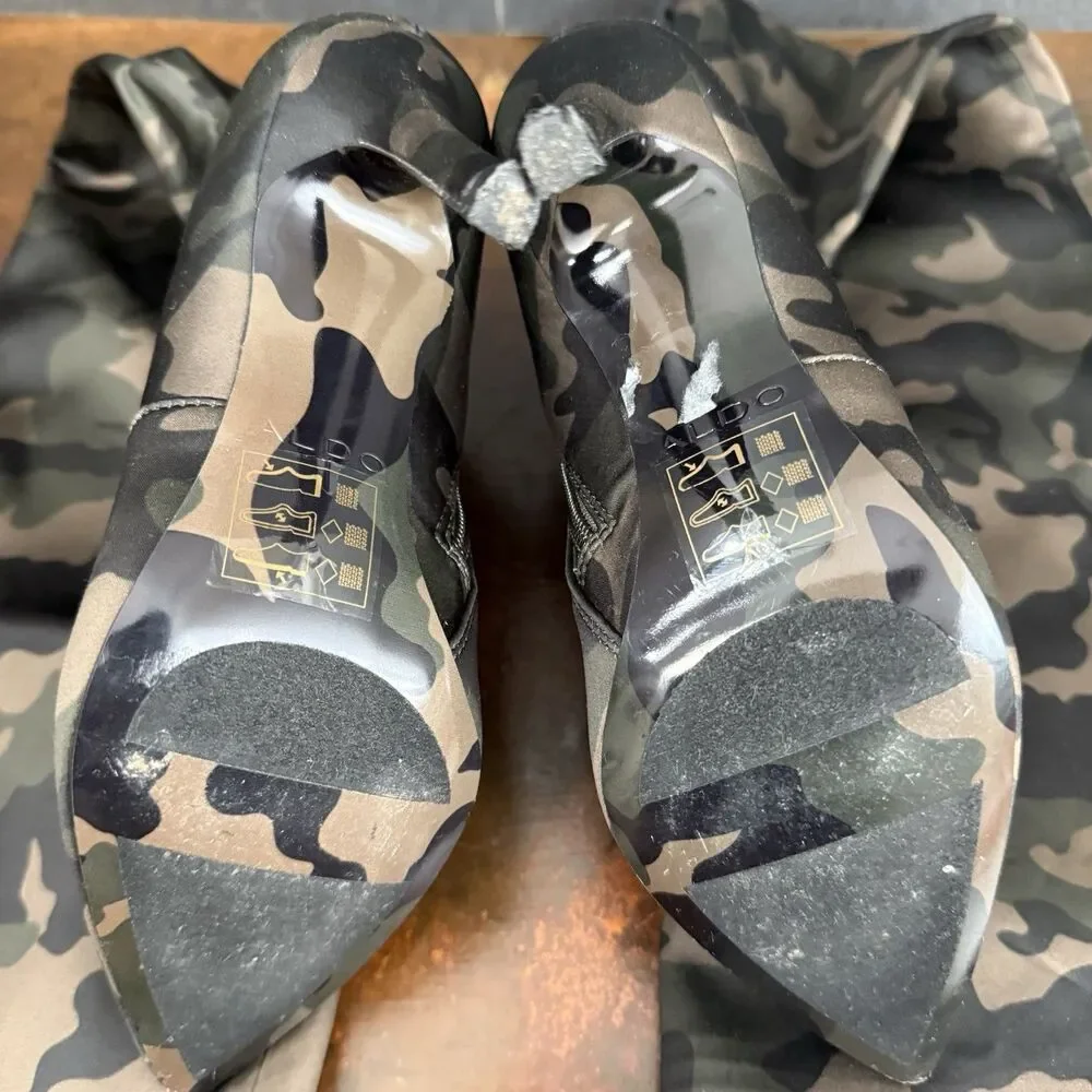 Aldo Camo Stretch Satin Thigh High Boots Size 6 Military Chic Grunge punk sleek - Picture 10 of 16